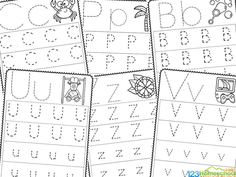 Alphabet tracing worksheets with dotted letters and pictures