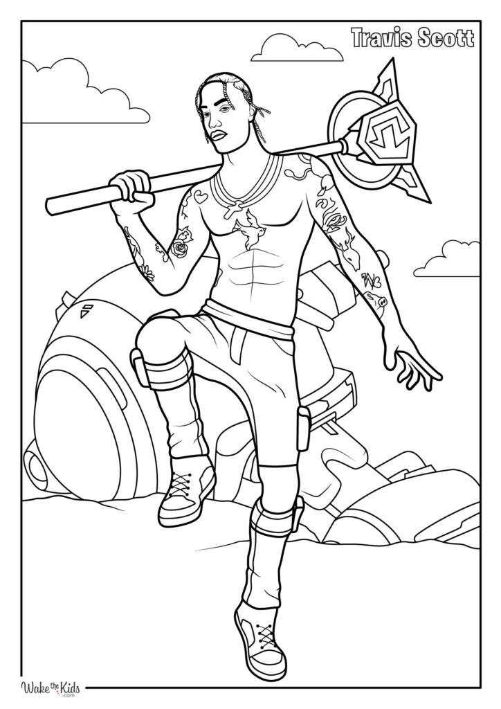 Black-and-white Travis Scott coloring page holding a staff