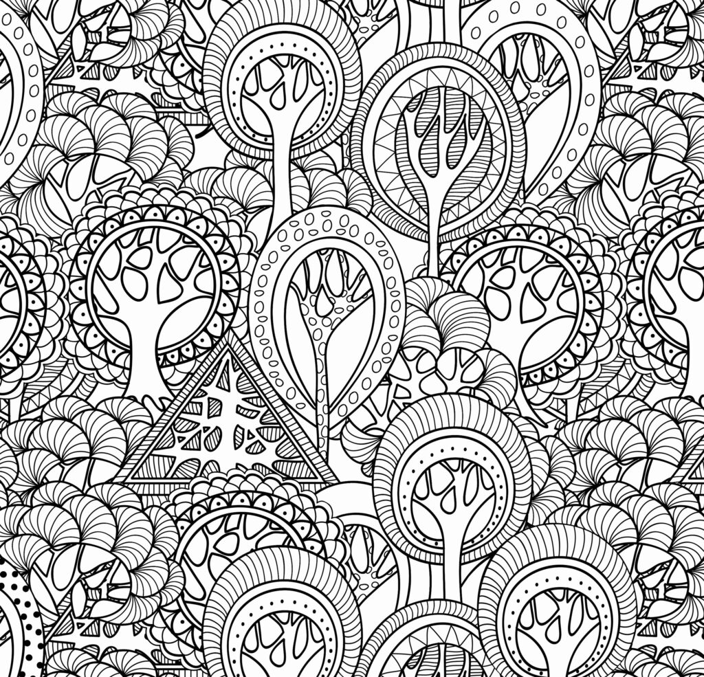 Intricate black-and-white abstract tree pattern with circles and leaves