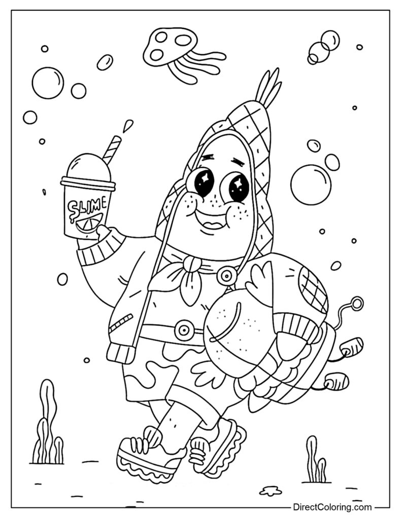 Cartoon starfish holding a slime drink underwater