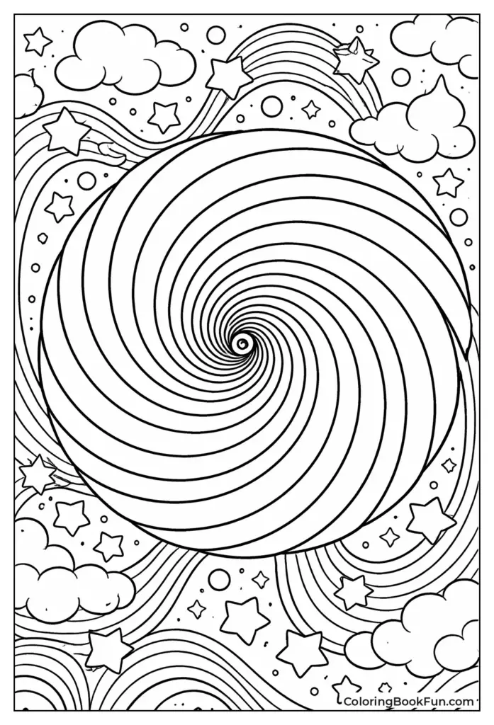 Swirling spiral coloring page with clouds and stars