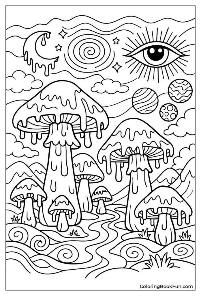 Psychedelic mushroom landscape with moon and eye