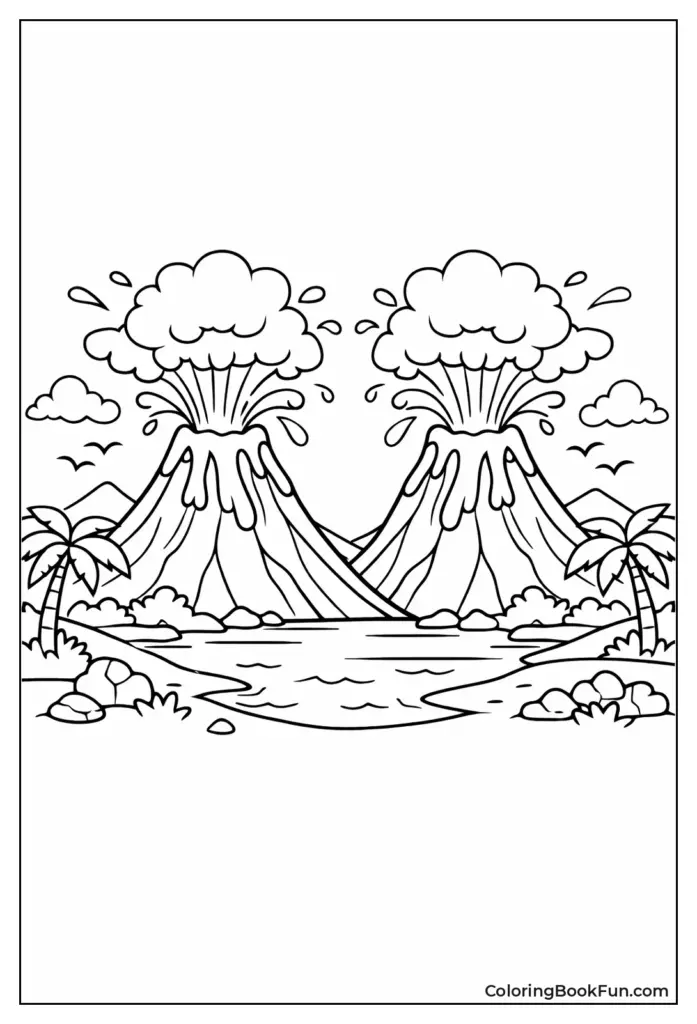 Two erupting volcanoes beside a tropical lagoon