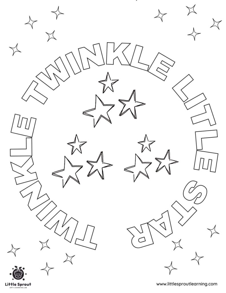 Twinkle Lights coloring page with stars and outlined letters
