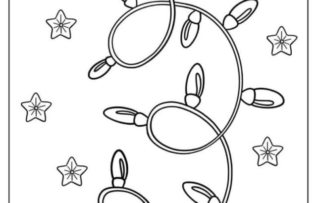 Black-and-white Christmas lights with stars coloring page
