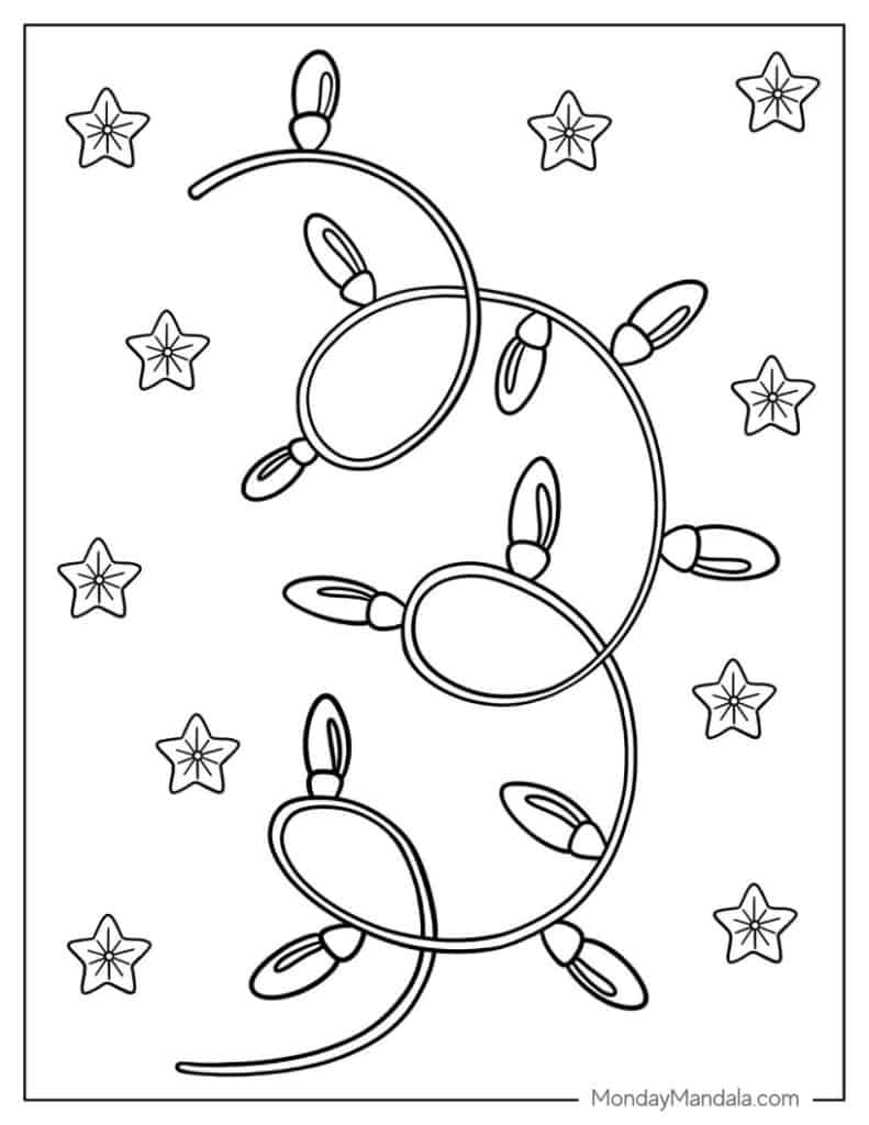 Black-and-white Christmas lights with stars coloring page