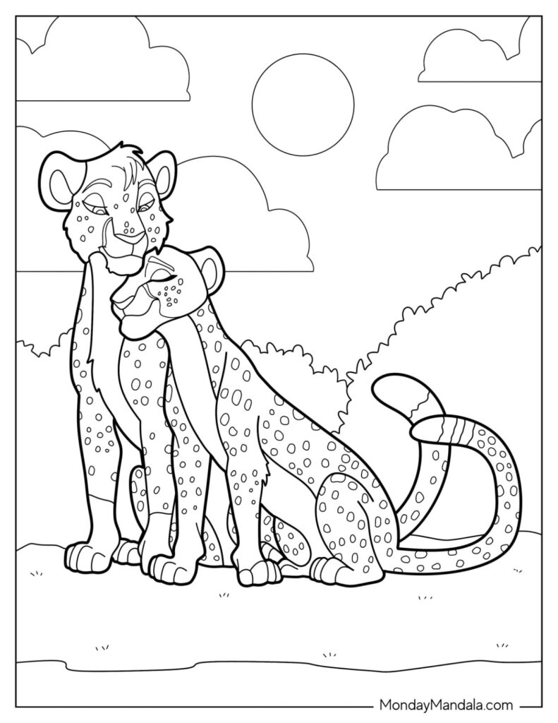 Two cartoon cheetahs standing in a savanna outline