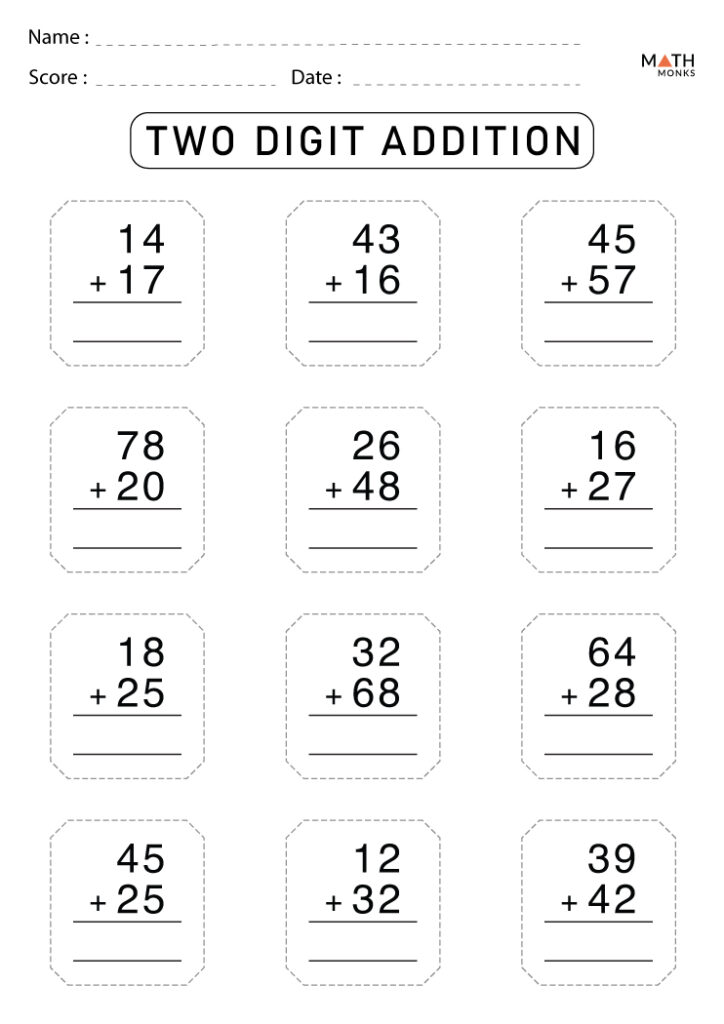 Two-digit addition worksheet with twelve math problems