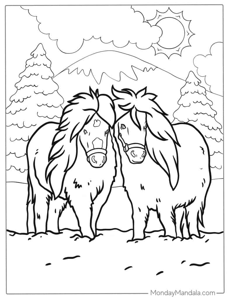 Two horses standing together in snowy mountain scene