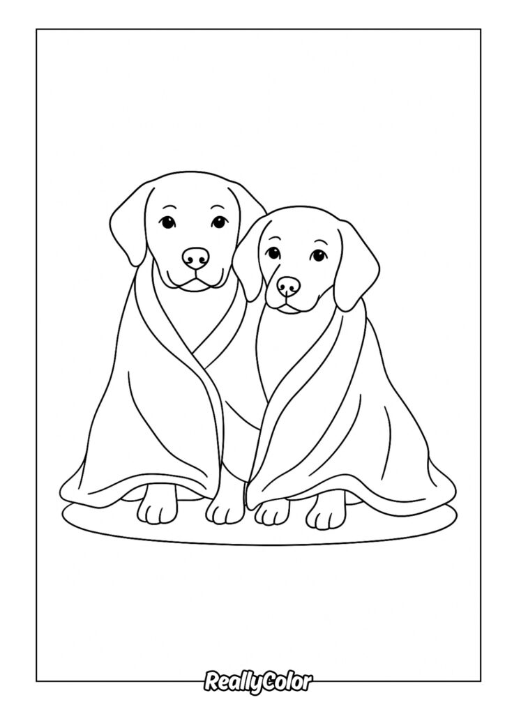 Two dogs wrapped in blankets, line drawing