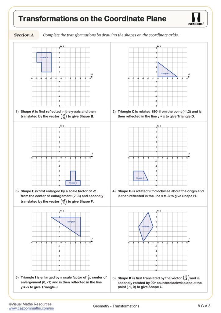 Geometry transformations worksheet with six coordinate grids
