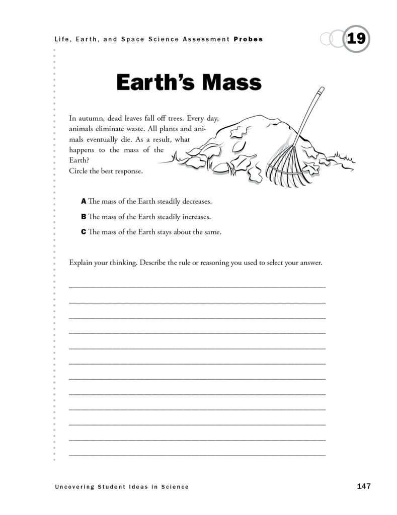Science worksheet titled Earth’s Mass with question and rake illustration