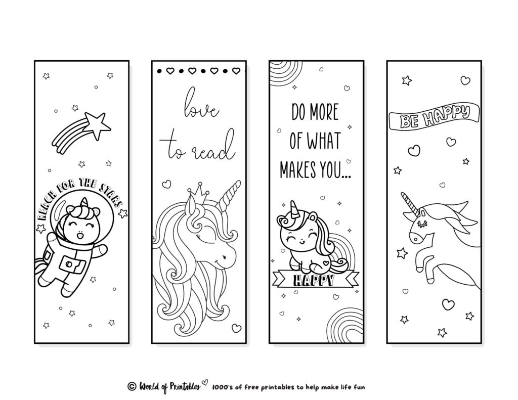 Four illustrated unicorn bookmarks on a white page