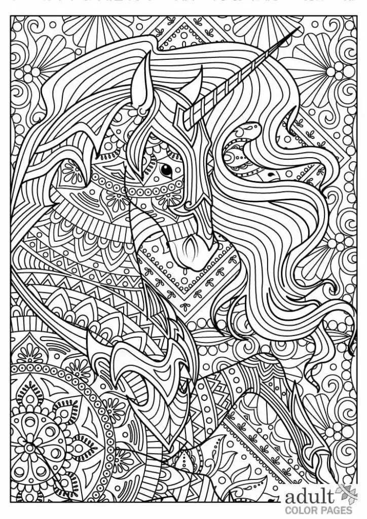 Intricate unicorn coloring page with floral patterns