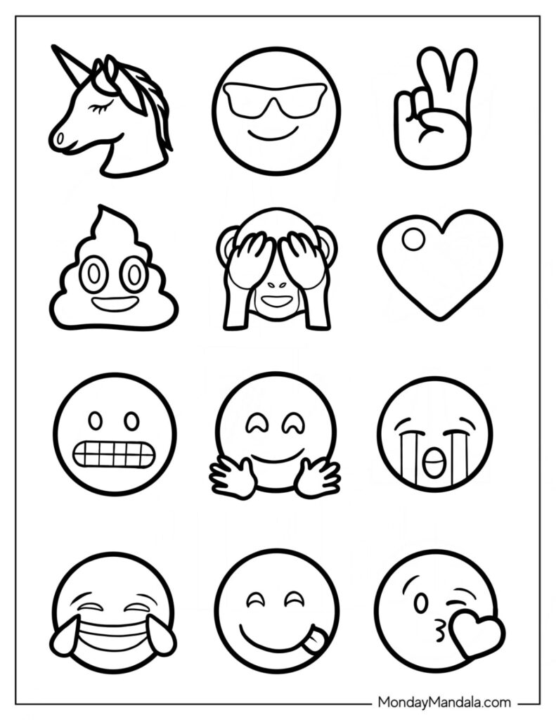Black-and-white emoji faces and icons grid on white