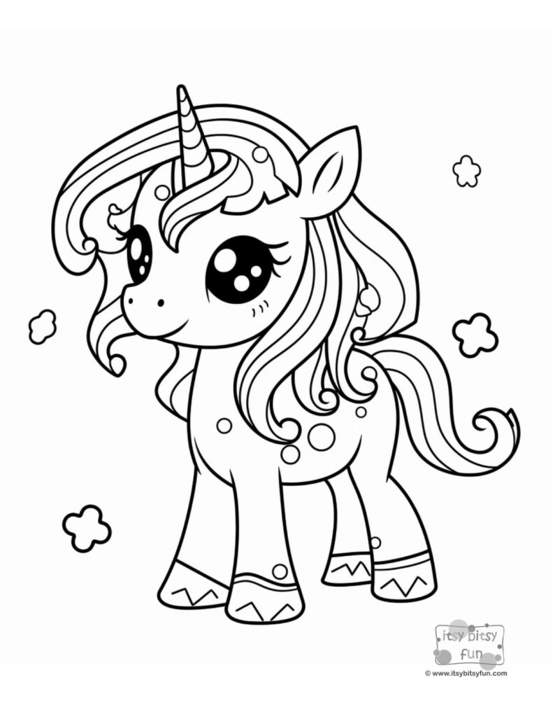 Cute cartoon unicorn with flowing mane, standing alone