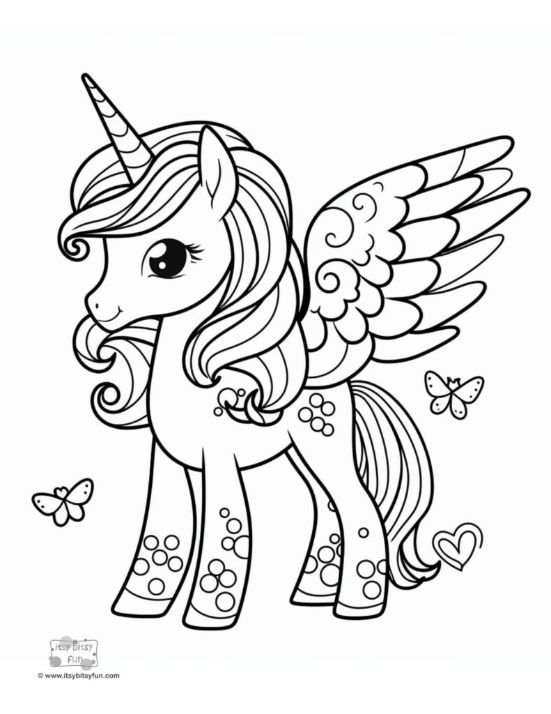 Winged unicorn coloring page with butterflies and heart