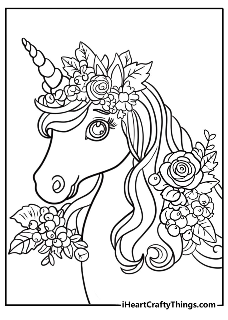 Black-and-white unicorn coloring page with flowers and leaves