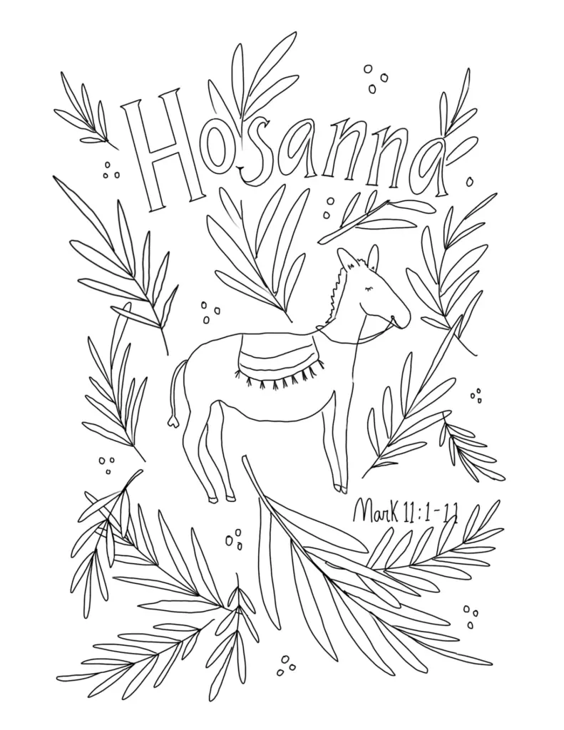 Hosanna coloring page with donkey and palm branches