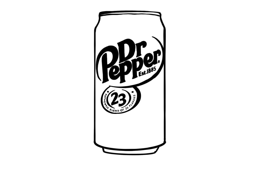 Black-and-white drawing of a soda can with logo text