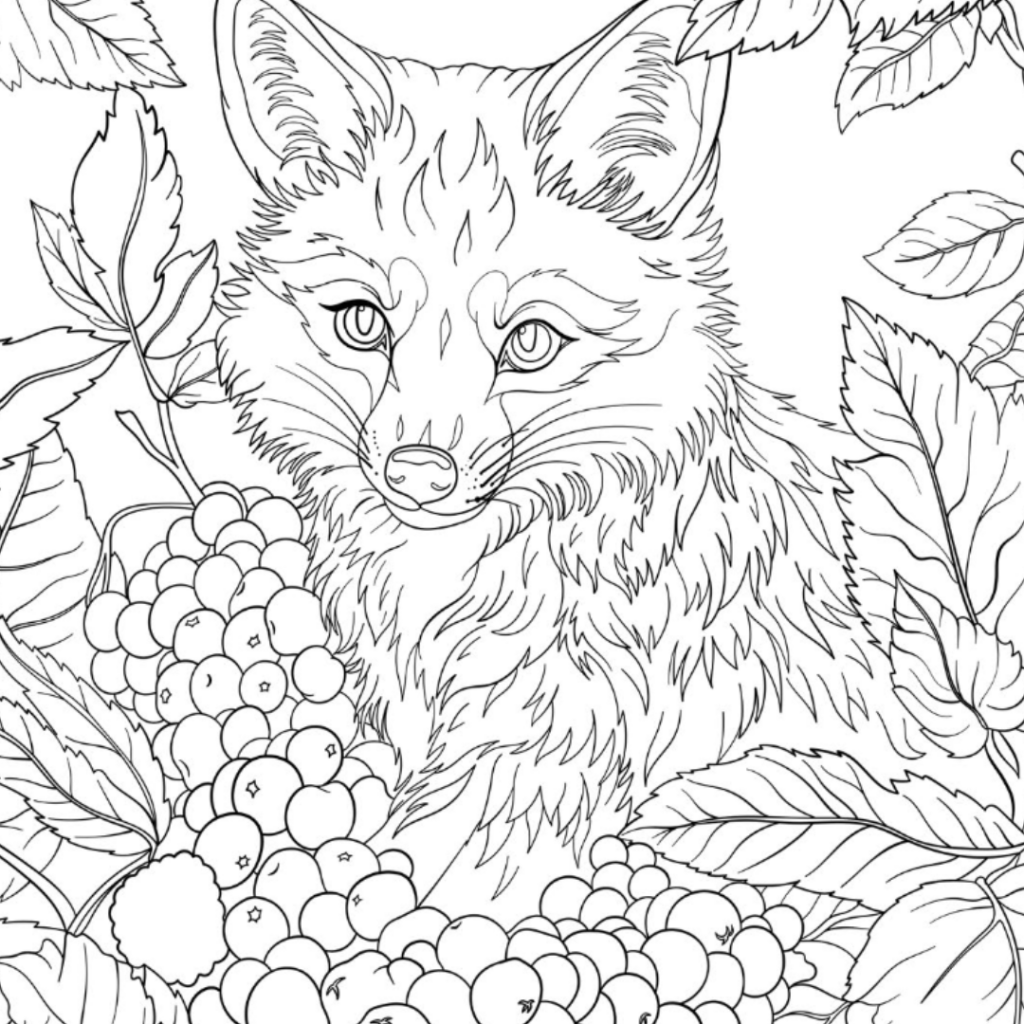 Line art fox surrounded by leaves and berries