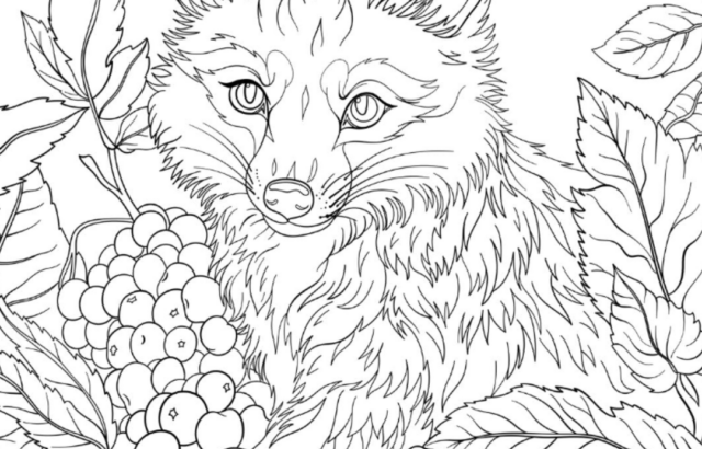 Line art fox surrounded by leaves and berries