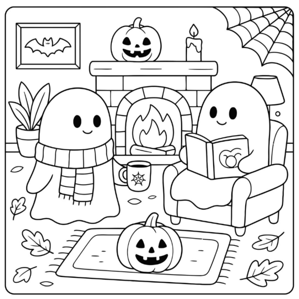 Halloween ghosts in cozy living room with pumpkins