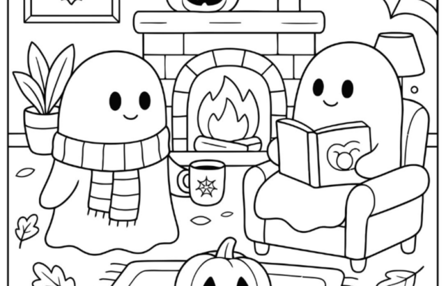 Halloween ghosts in cozy living room with pumpkins