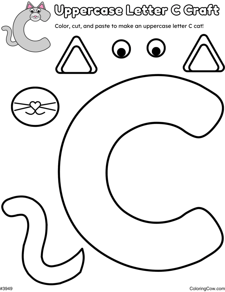 Uppercase letter C cat craft worksheet with cutouts