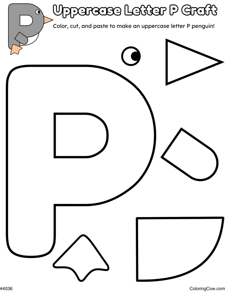 Uppercase letter P penguin craft template with cutout pieces