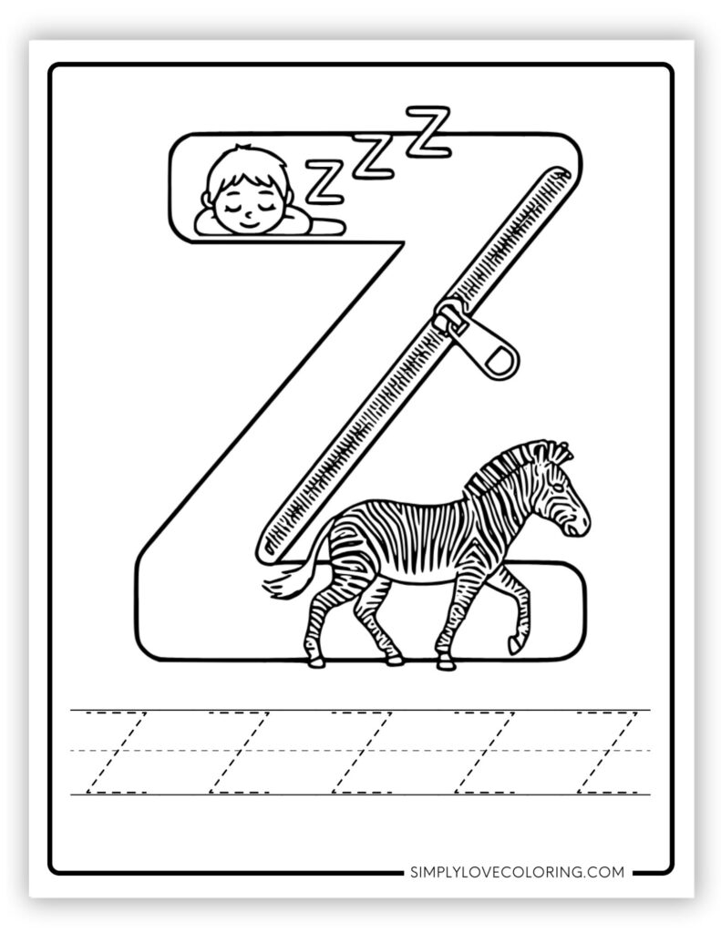 Letter Z coloring page with sleeping child and zebra