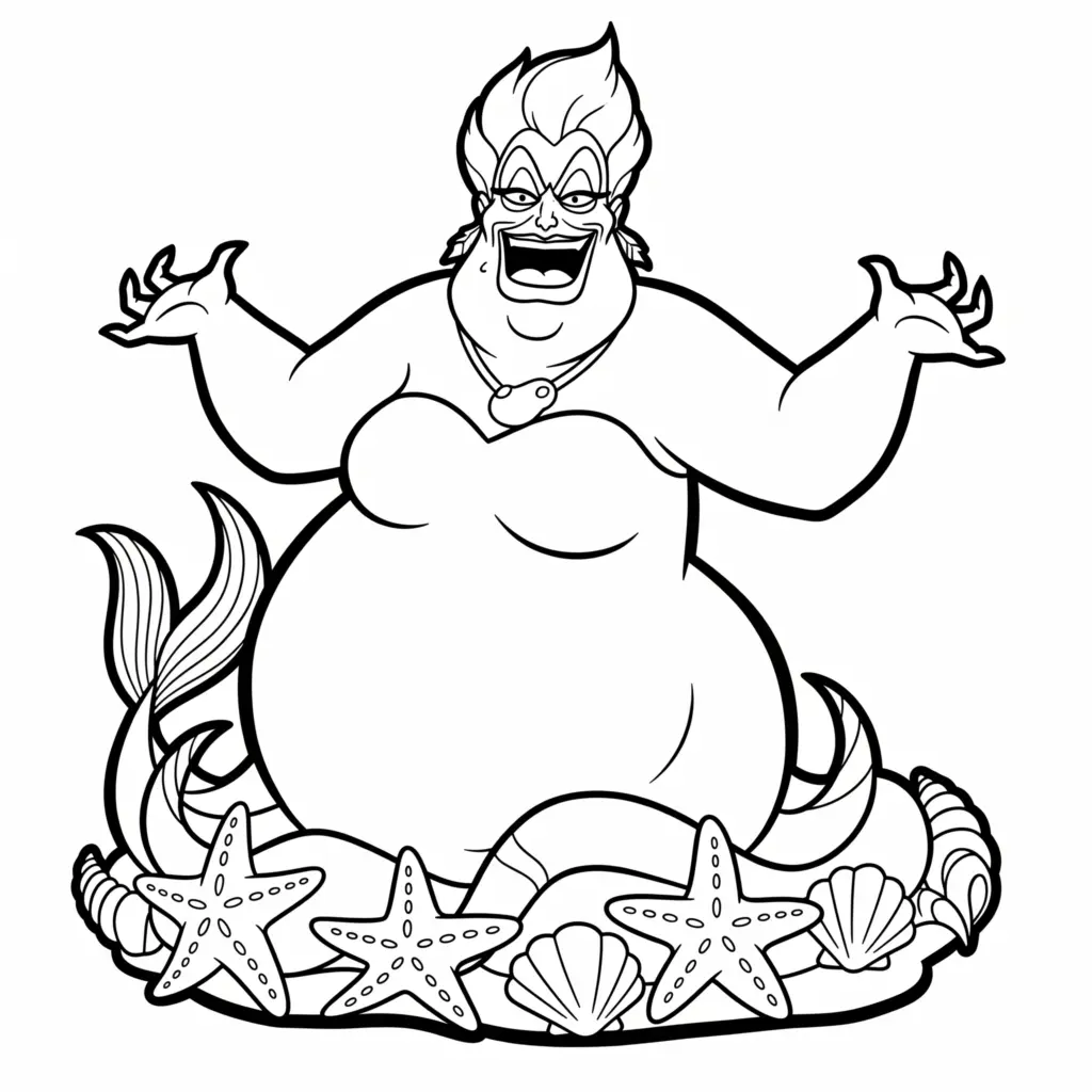 Black-and-white cartoon sea witch surrounded by starfish and shells