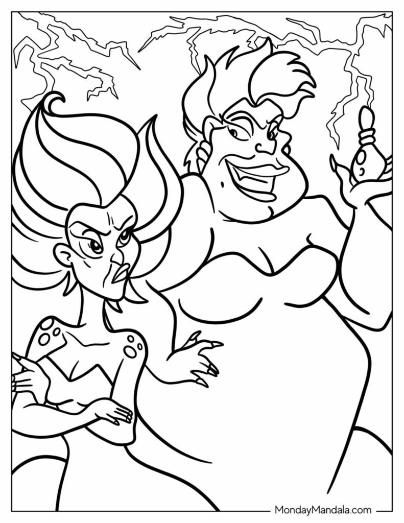 Black-and-white cartoon villain coloring page with two women