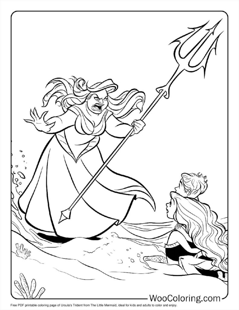Line drawing of Ursula confronting two mermaids with a trident