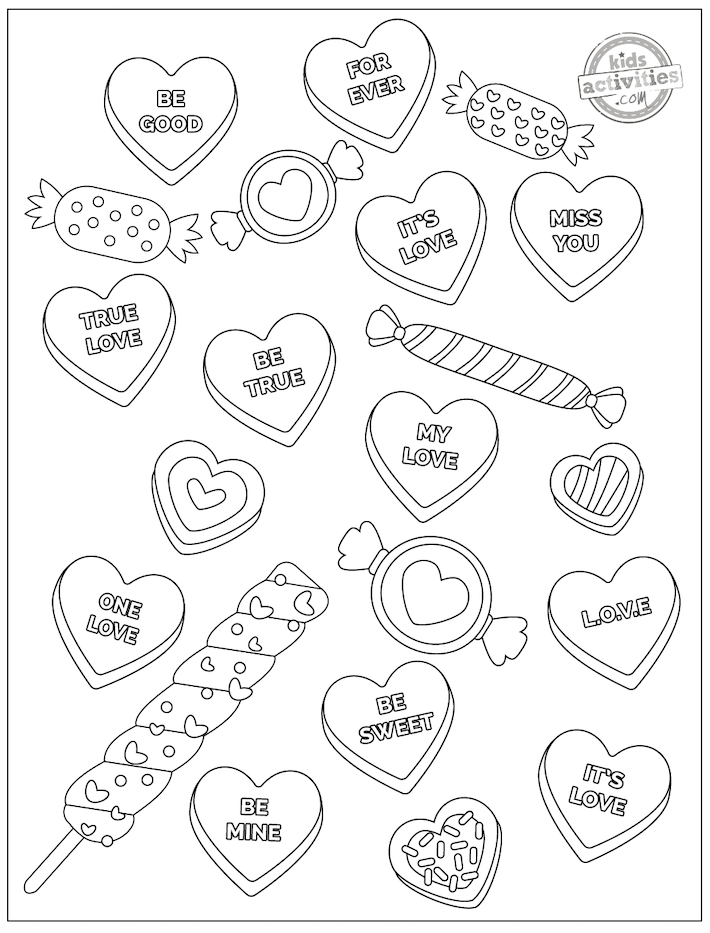 Valentine candy heart coloring page with messages