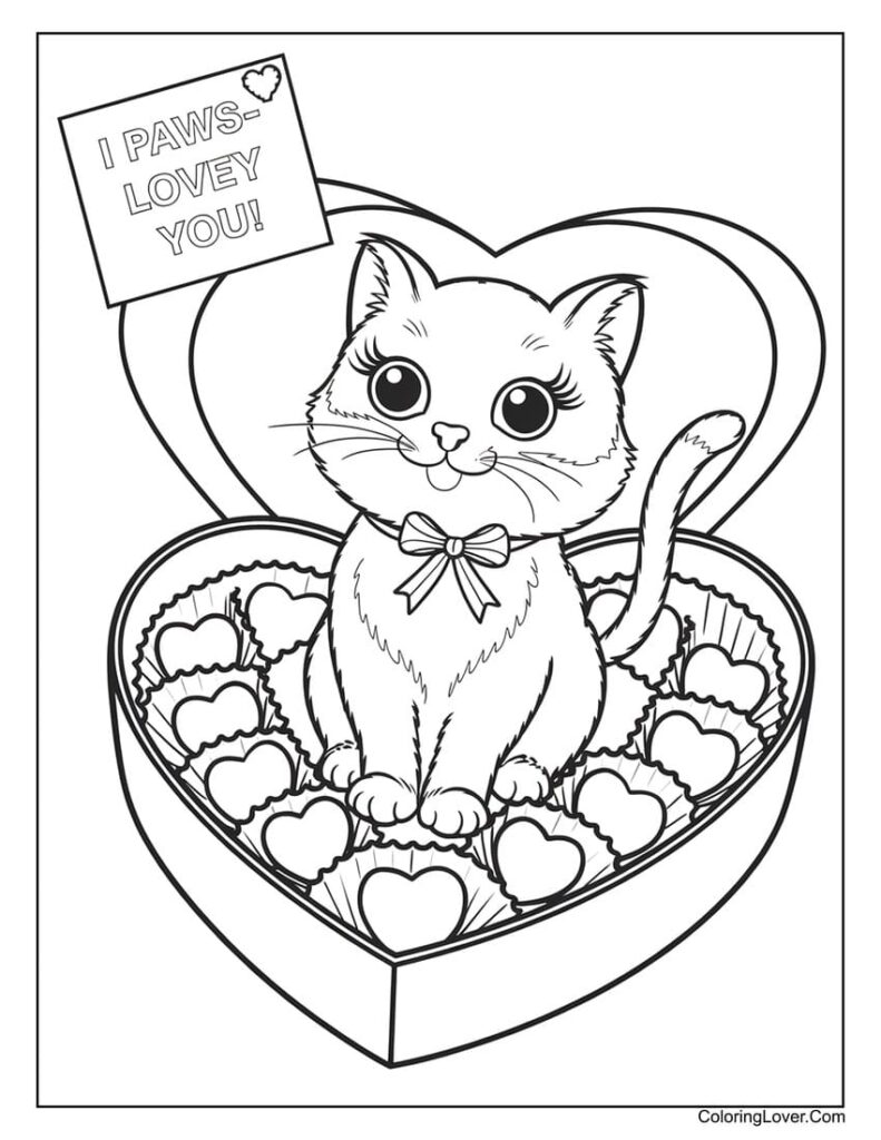 Coloring page of kitten in heart-shaped box of candies