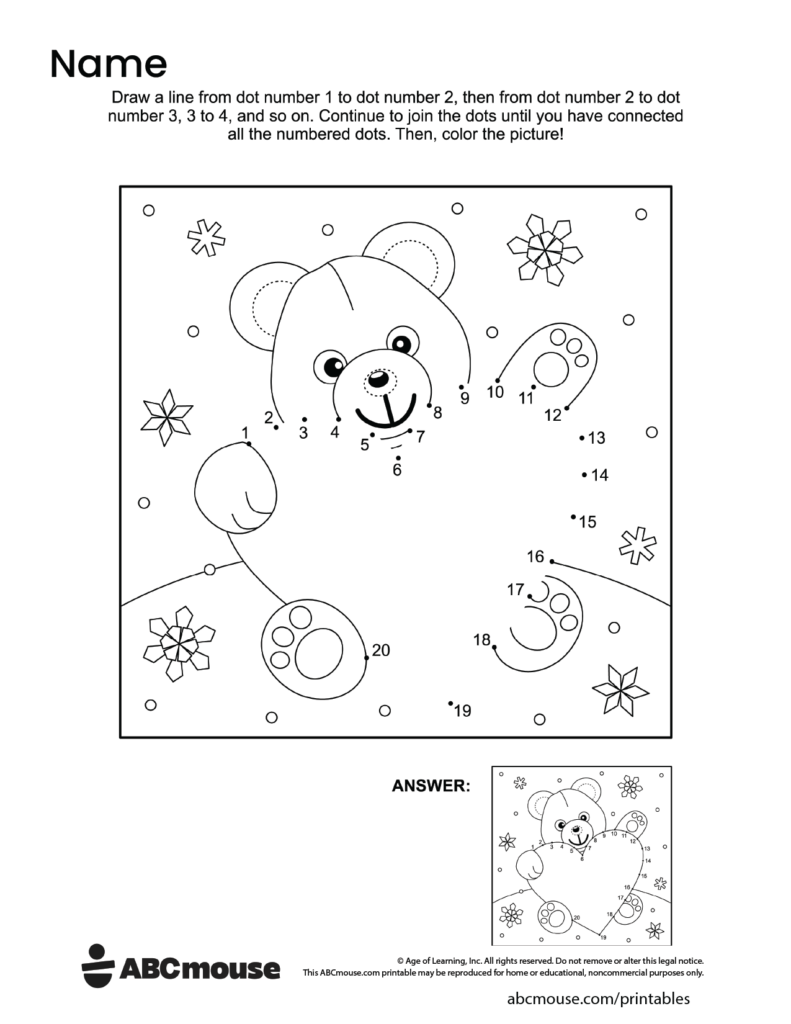 Bear connect-the-dots worksheet with numbered snowflakes
