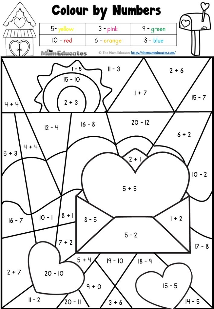 Black-and-white color-by-numbers worksheet with hearts and shapes