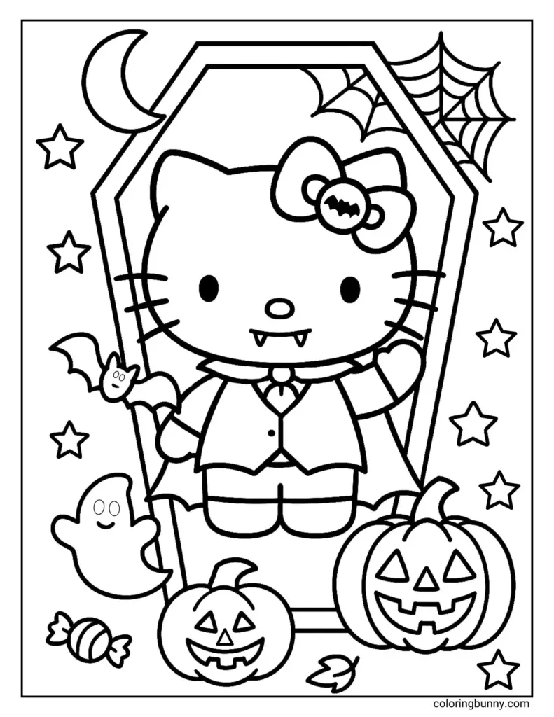 Hello Kitty in a vampire costume with Halloween decorations