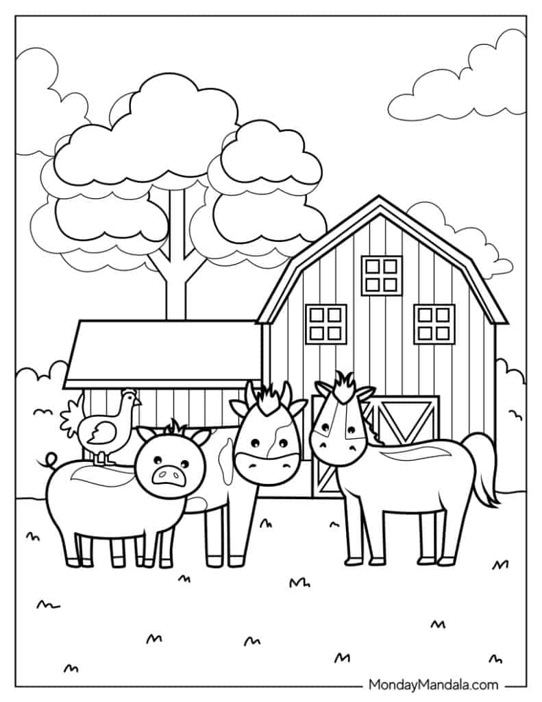 Farm animal coloring page with barn, tree, and clouds