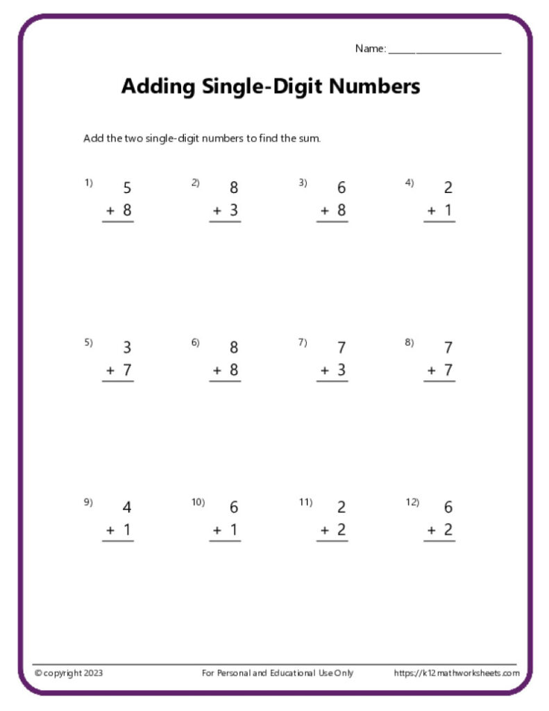 Single-digit addition worksheet with twelve problems