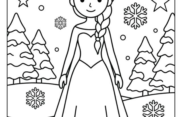 Winter princess coloring page with snowflakes and trees