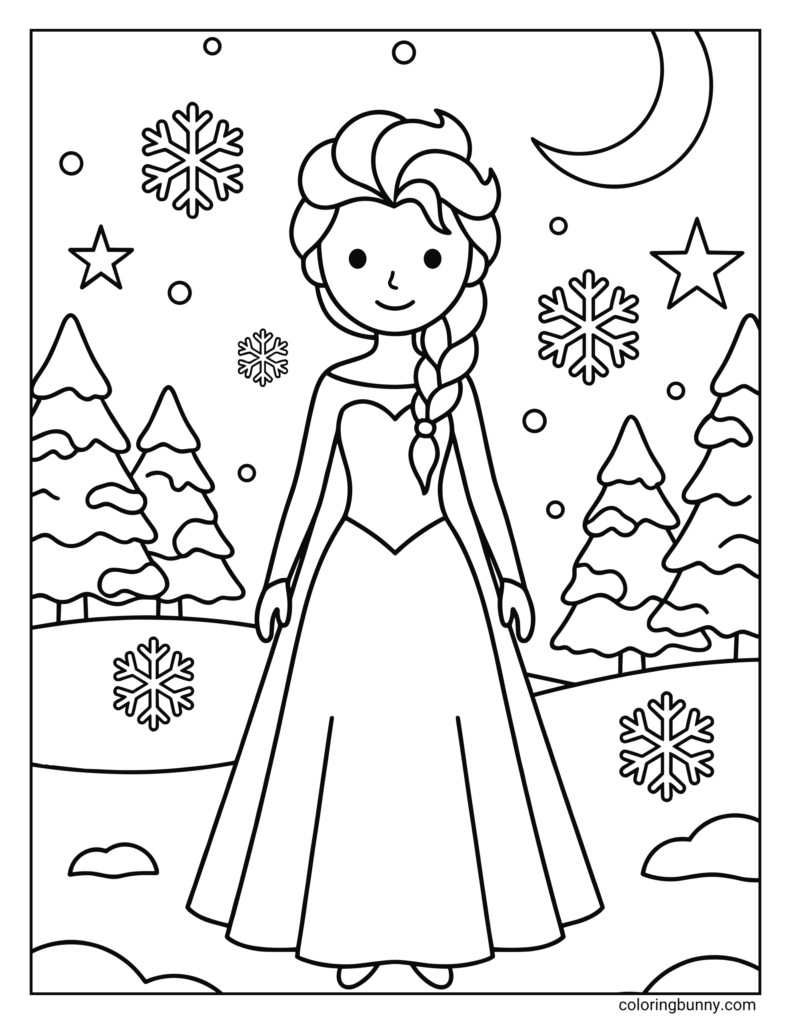 Winter princess coloring page with snowflakes and trees