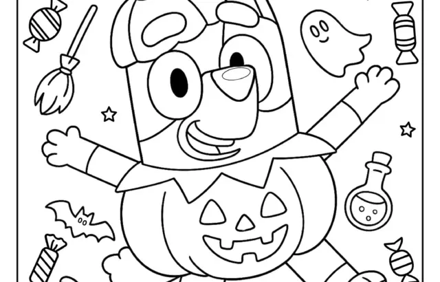 Halloween coloring page with dog in pumpkin costume