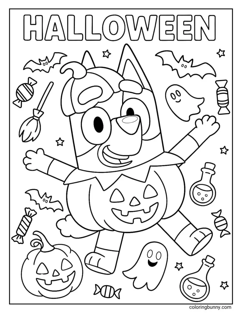 Halloween coloring page with dog in pumpkin costume