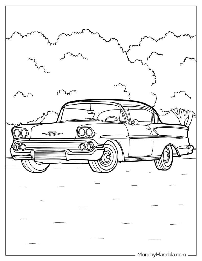 Classic car in landscape coloring page