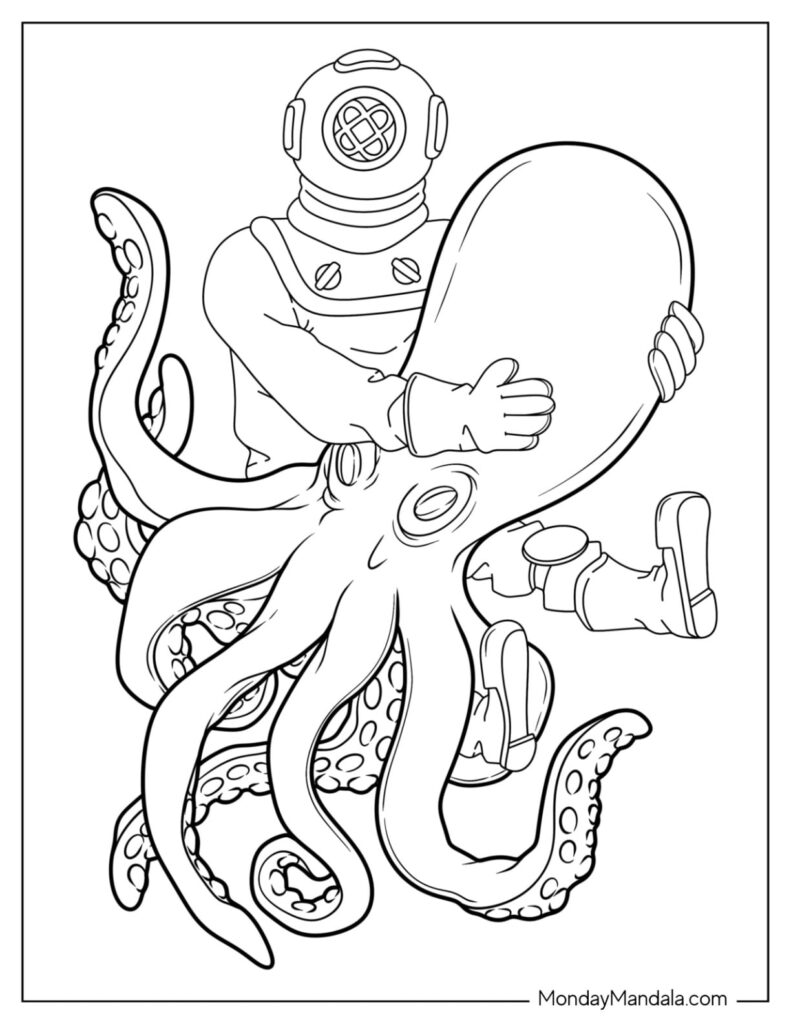 Coloring page of diver hugging octopus underwater