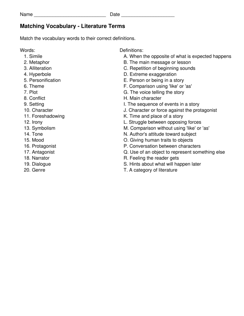 Literature terms matching worksheet with word and definition lists