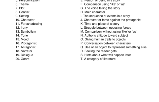 Vocabulary matching worksheet for literature terms