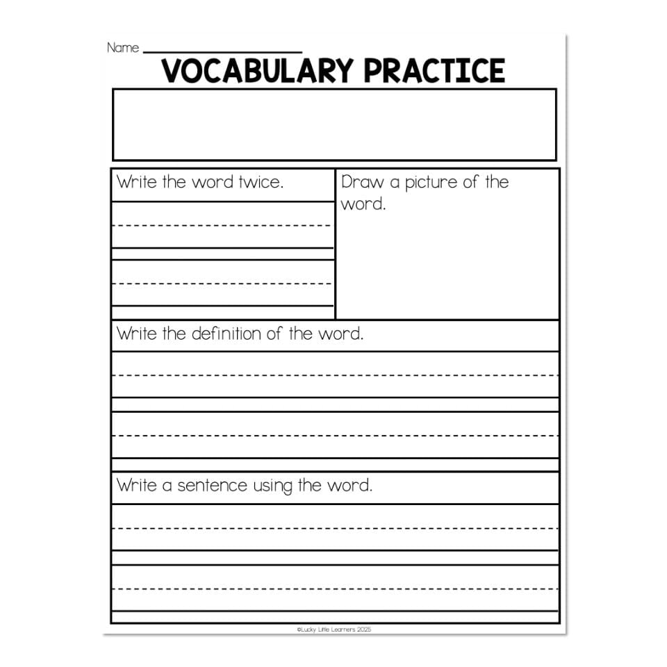 Vocabulary practice worksheet with blank writing boxes